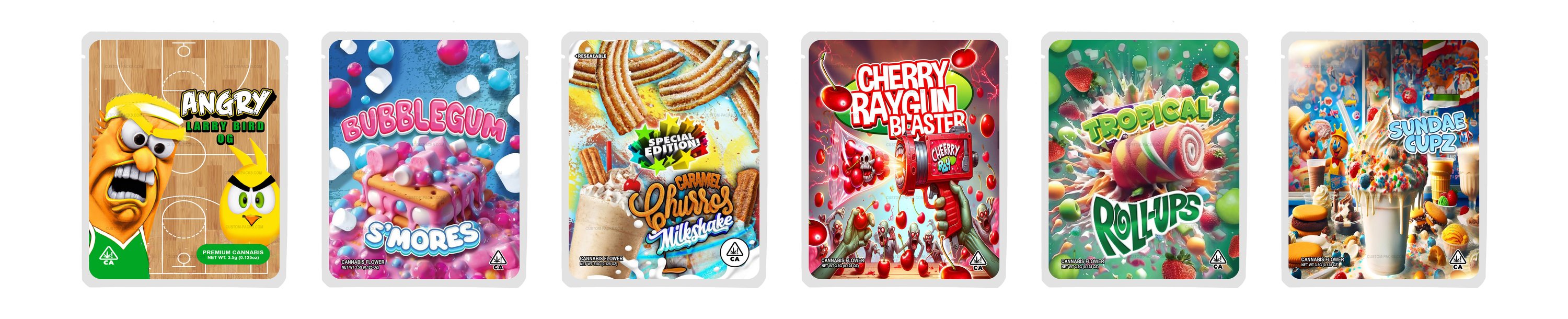 Collage of customizable 3.5g Mylar bag designs from Custom‑Packs